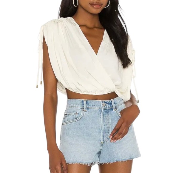 FREE PEOPLE Rachel Silky Top Ivory V-Neck Slinky Jersey Cropped Medium NWOT - Picture 9 of 13